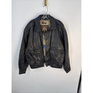 Wilsons Adventure Bound Black Leather Bomber Jacket with Zip Map Liner Sz XL